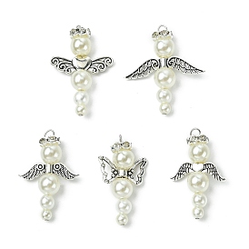 Бусины из искусственного жемчуга из АБС-пластика с латунными бусинами-разделителями из стразов и бусинами из сплава в тибетском стиле и бусинами из сплава в тибетском стиле, ангел кулон