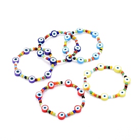 Evil Eye Stretch Bracelets, with Glass Seed & Round Polymer Clay Beads