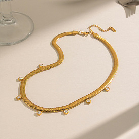 6MM 304 Stainless Steel Flat Snake Chain Necklaces with Clear Cubic Zirconia Tassel for Women