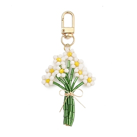 Flower Glass Seed Beads Pendant Decoration, Alloy Swivel Clasps Charms for Bag Ornaments