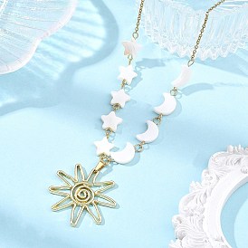 Alloy Sun Pendant 304 Stainless Steel Cable Chain Necklaces for Women, with Moon Star Natural Freshwater Shell, Seashell Color