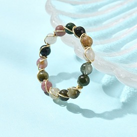 Кольца на палец из натуральных разноцветных турмалиновых бусин, с экологически чистой медной проволокой для женщин