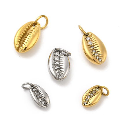304 Stainless Steel Charms or Pendants, with Crystal Rhinestone & Jump Ring, Shell Shape