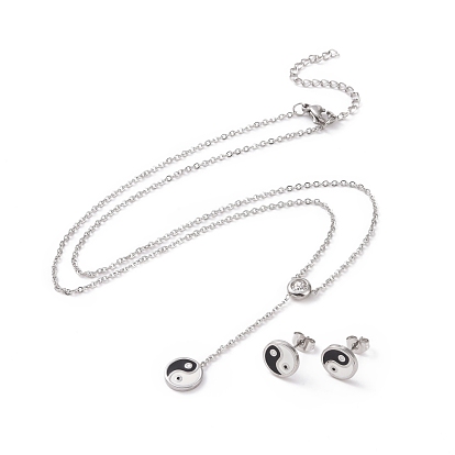 304 Stainless Steel Jewelry Sets, Necklaces and Stud Earrings, with Rhinestone and Enamel, Yin Yang