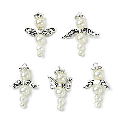 Бусины из искусственного жемчуга из АБС-пластика с латунными бусинами-разделителями из стразов и бусинами из сплава в тибетском стиле и бусинами из сплава в тибетском стиле, ангел кулон