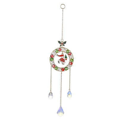 Christmas Alloy Enamel Santa Claus Suncatchers, Brass Cable Link & Glass Teardrop Charm Prism Crystal Window Hanging Decoration, Golden