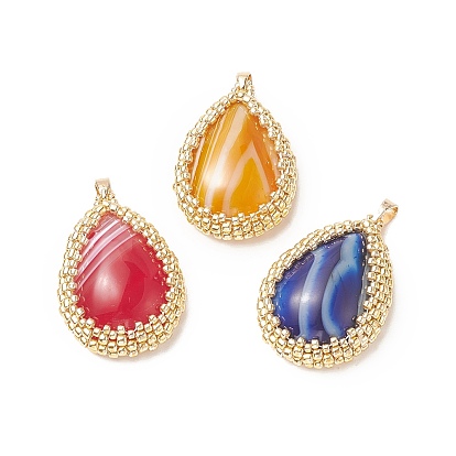 Natural Banded Agate/Striped Agate Dyed Pendants with Japanese Seed Wrapped, Teardrop Charms with Brass Snap on Bails, Golden