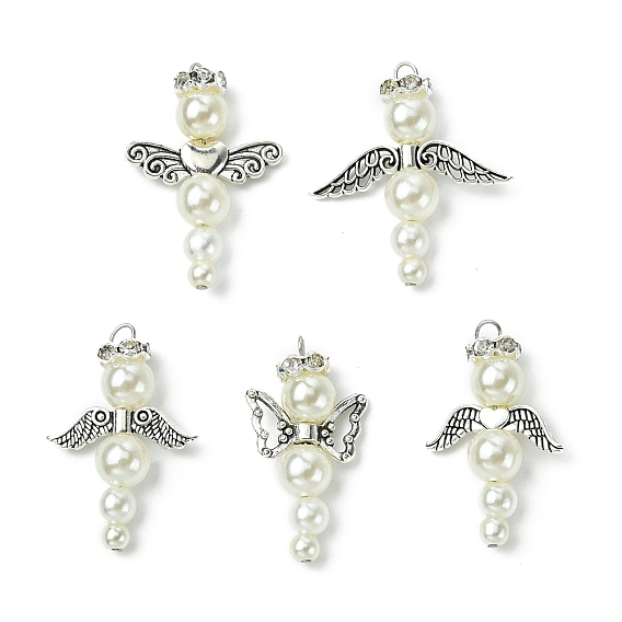 Бусины из искусственного жемчуга из АБС-пластика с латунными бусинами-разделителями из стразов и бусинами из сплава в тибетском стиле и бусинами из сплава в тибетском стиле, ангел кулон