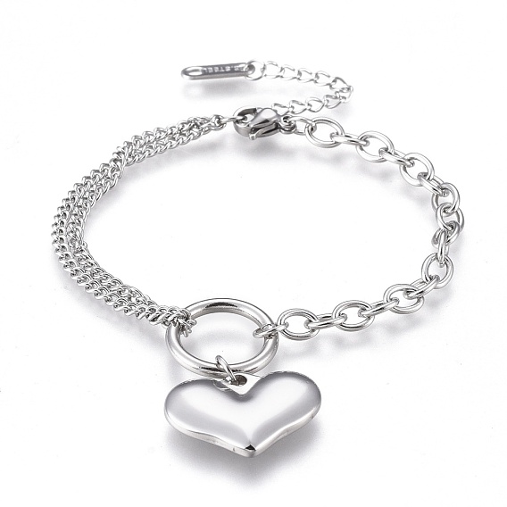 304 Stainless Steel Charm Bracelets, with Lobster Claw Clasps, Cable & Curb Chains, Heart