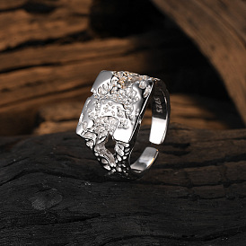 Unique Irregular Lava Geometric Texture Wide Band Ring for Women in Pure S925 Silver