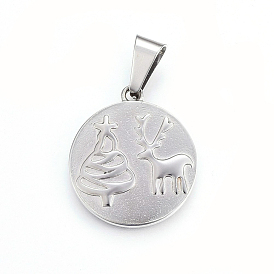 304 Stainless Steel Pendants, Flat Round with Christmas Tree and Christmas Reindeer/Stag