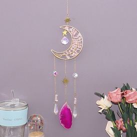 Ловец солнца в форме луны, обмотанный медной проволокой из натуральной смеси каменной крошки., Декоративное украшение для окна из стекла и среза агата для дома.