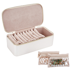 Портативный дорожный органайзер для ювелирных изделий из искусственной кожи с ручками, с бархатной внутренней отделкой и 12шт. тканевыми мешочками на молнии, прямоугольные