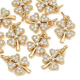 SHEGRACE Brass Micro Pave Clear Cubic Zirconia Charms, Cadmium Free & Nickel Free & Lead Free, Four Leaf Clover Charms