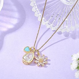 Brass Pave Sky Blue and Clear Cubic Zirconia Teardrop Flower Pendant Necklaces, with 304 Stainless Steel Round Snake Chains