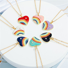 Sweet Rainbow Heart Necklace with Candy Colors, Rhinestone and Peach Pendant