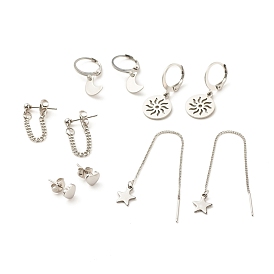 5Pcs 5 Style 201 & 304 Stainless Steel Earrings Sets, Moon and Sun Dangle Leverback Earrings, Chains Drop & Heart Stud Earrings, Star Ear Thread