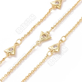 Clear Cubic Zirconia Triangle Link Chains, with Brass Cable Chains, Unwelded, Cadmium Free & Nickel Free & Lead Free