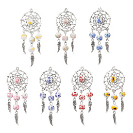 Тибетский сплав стиля большие кулоны, паутина с пером, с фарфоровой керамикой с цветочным принтом ручной работы, античное серебро