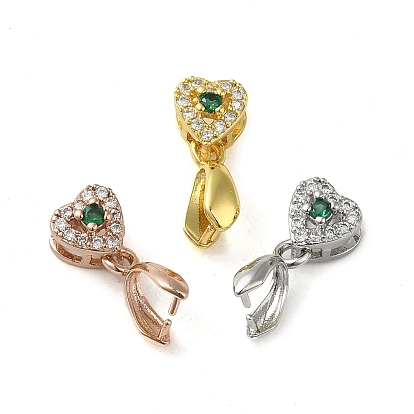 Rack Plating Brass Micro Pave Clear Cubic Zirconia Ice Pick Pinch Bails, Long-Lasting Plated, Lead Free & Cadmium Free, Heart