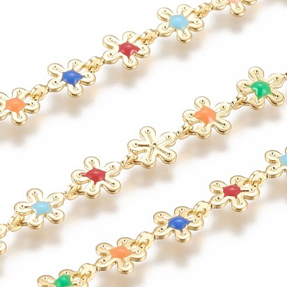Brass Handmade Link Chains, with Enamel, Long-Lasting Plated, Unwelded, with Spool, Flower,Real 18K Gold Plated