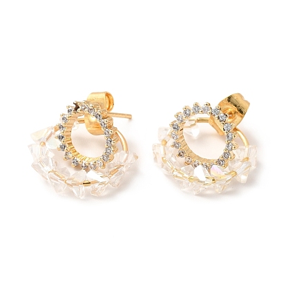 Boucles d'oreilles pendantes à double anneau avec zircone cubique transparente et verre, bijoux en laiton pour femmes, sans plomb et sans cadmium et sans nickel