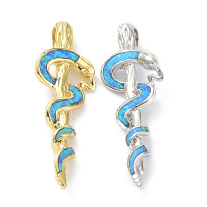 Eco-friendly Brass Micro Pave Clear Cubic Zirconia Pendants, with Synthetic Opal, Long-Lasting Plated, Snake with Sceptre