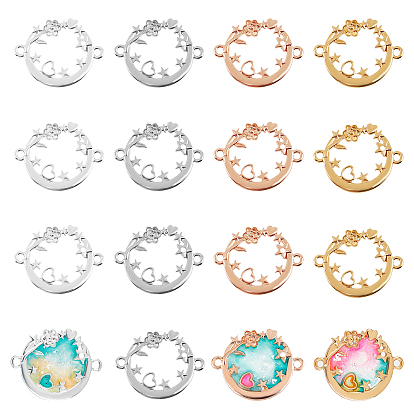 Alloy Kitten Open Back Bezel Links, for DIY UV Resin, Epoxy Resin, Pressed Flower Jewelry, Cadmium Free & Lead Free, Flat Round with Heart & Star