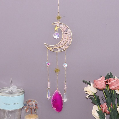 Ловец солнца в форме луны, обмотанный медной проволокой из натуральной смеси каменной крошки., Декоративное украшение для окна из стекла и среза агата для дома.