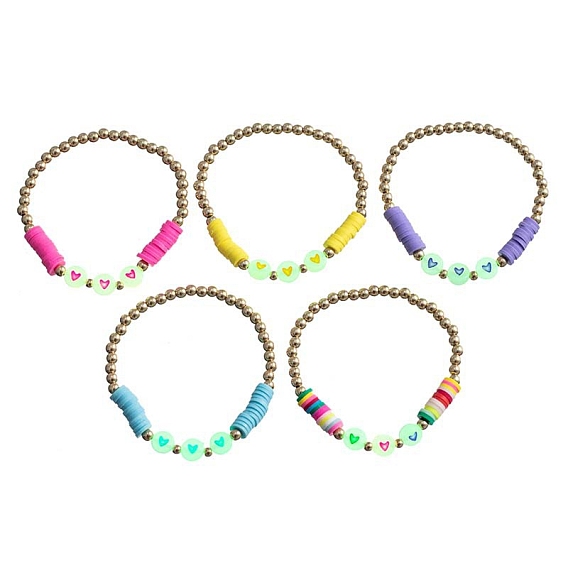 5 комплект браслетов из светящегося акрилового сердца, пластика и полимерной глины Heishi Stretch, опрятные браслеты для детей