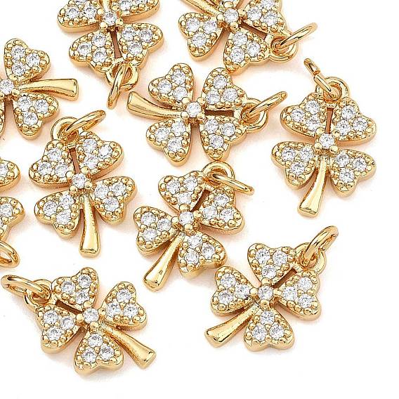 SHEGRACE Brass Micro Pave Clear Cubic Zirconia Charms, Cadmium Free & Nickel Free & Lead Free, Four Leaf Clover Charms
