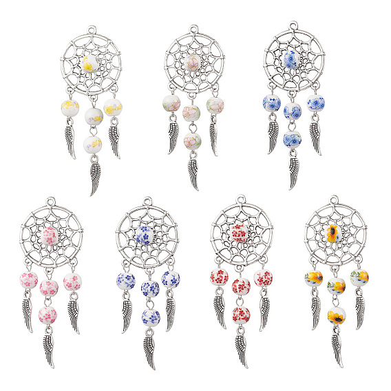 Тибетский сплав стиля большие кулоны, паутина с пером, с фарфоровой керамикой с цветочным принтом ручной работы, античное серебро