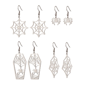 4 Pair 4 Style Spider & Coffin & Web 201 Stainless Steel Dangle Earrings, 304 Stainless Steel Jewelry for Halloween
