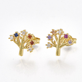 Brass Micro Pave Cubic Zirconia(Random Mixed Color) Ear Studs, with Ear Nuts, Tree