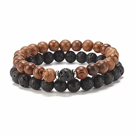 2Pcs 2 Style Natural Lava Rock & Wenge Wood Round Beaded Stretch Bracelets Set, Essential Oil Gemstone Jewelry for Women