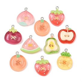 Transparent Resin Imitation Food Pendants, Fruit Charms, with Platinum Iron Loop