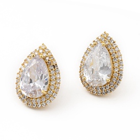 Clear Cubic Zirconia Teardrop Stud Earrings, Rack Plating Brass Jewelry for Women, Cadmium Free & Lead Free