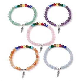 Chakra Round Natural Gemstone Stretch Bracelets, Wing Tibetan Style Alloy Charm for Women