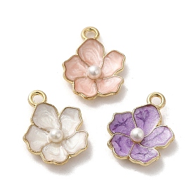 Flower Alloy Enamel Pendants, with Plastic Imitation Pearl Beads, Light Gold