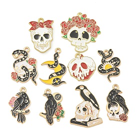 Halloween Theme Alloy Enamel Pendants, Skull & Crow & Snake Charm, Golden