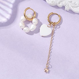 Сердечко ко Дню святого Валентина 304 Серьги-кольца из нержавеющей стали, с натуральным культивированным пресноводным жемчугом, слева и справа