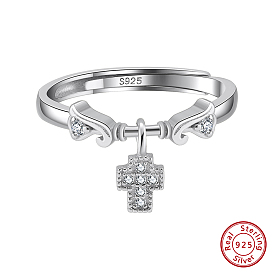 Rhodium Plated 925 Sterling Silver Adjustable Rings for Women, with Clear Cubic Zirconia Cross Charms