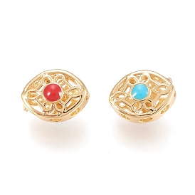 Brass Beads, with Enamel, Hollow, Horse Eye with Flower, Red & Turquoise