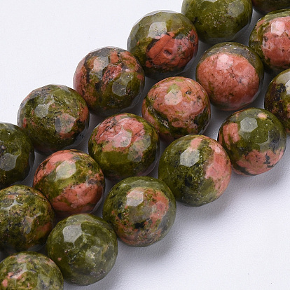 Natural Unakite Beads Strands, Faceted, Round