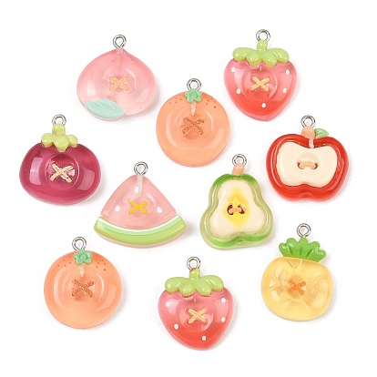 Transparent Resin Imitation Food Pendants, Fruit Charms, with Platinum Iron Loop