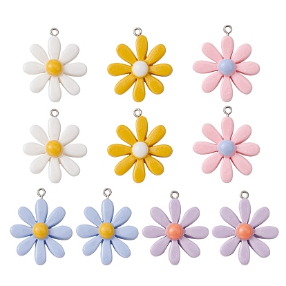 10Pcs 5 Colors Resin Pendants, with Platinum Tone Iron Findings, Flower Charms