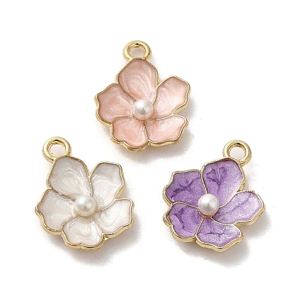 Цветочные сплава эмали подвески, с пластиковыми бусинами из искусственного жемчуга, золотой свет