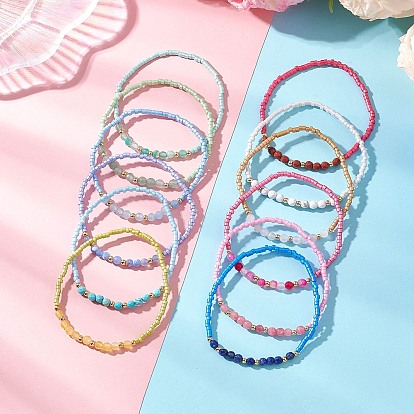 12 Браслеты из стеклянного бисера и натуральных бусин из смешанных драгоценных камней для женщин, круглые, с латунной бисера