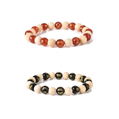 Om Mani Padme Hum Beaded Bracelets, Wood  & Natural Agate & Obsidian Beaded Bracelets for Women