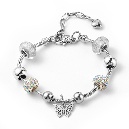 201 Stainless Steel Butterfly Charm European Bracelet with Snake Chains, Plastic & Alloy & Acrylic Beaded Bracelet for Women